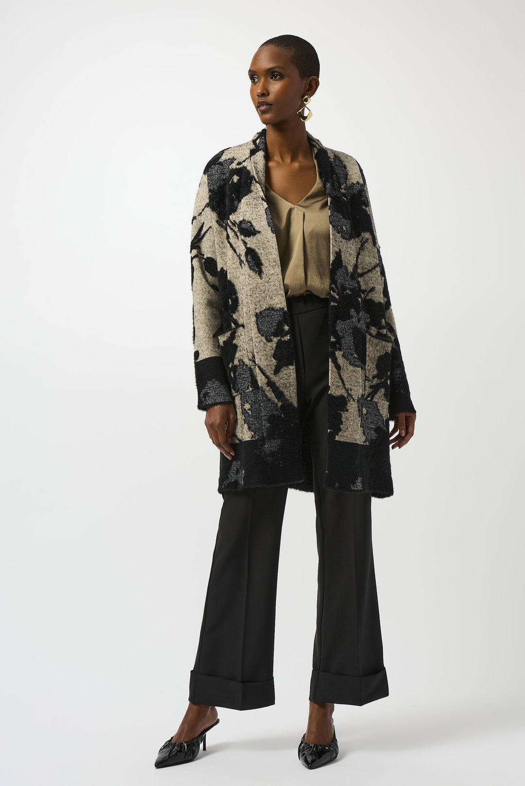 CHAMPAGNE BLACK LONG FLORAL CARDIGAN