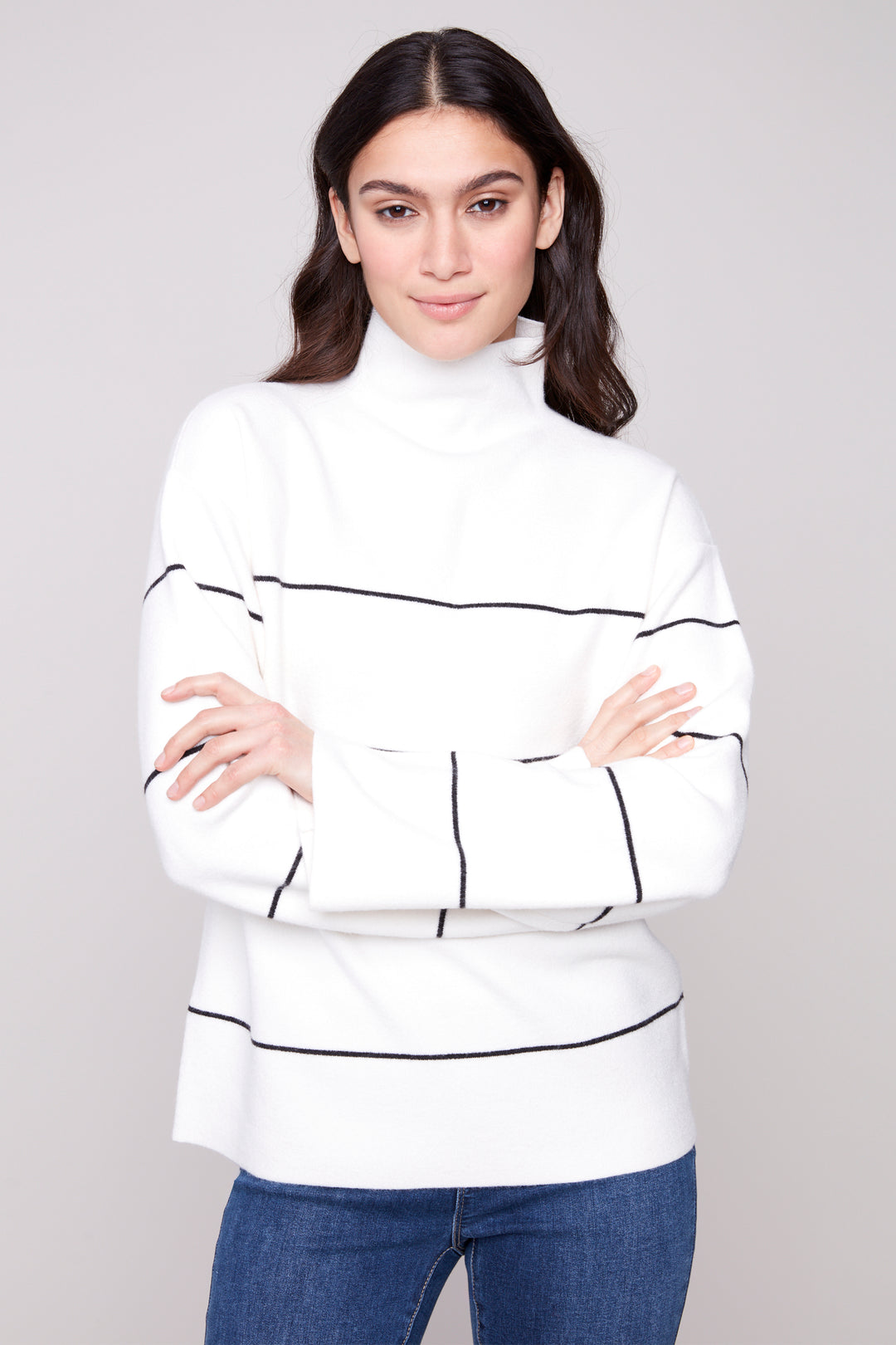 STRIPE LS MOCK NECK TOP