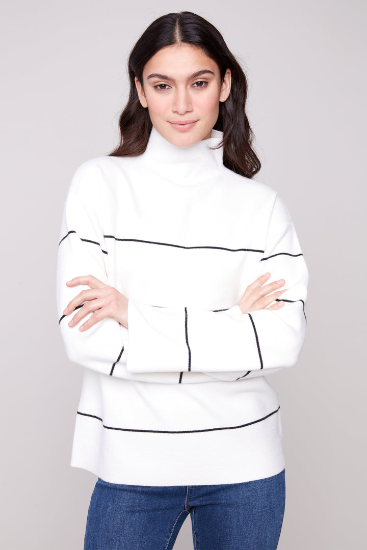 STRIPE LS MOCK NECK TOP