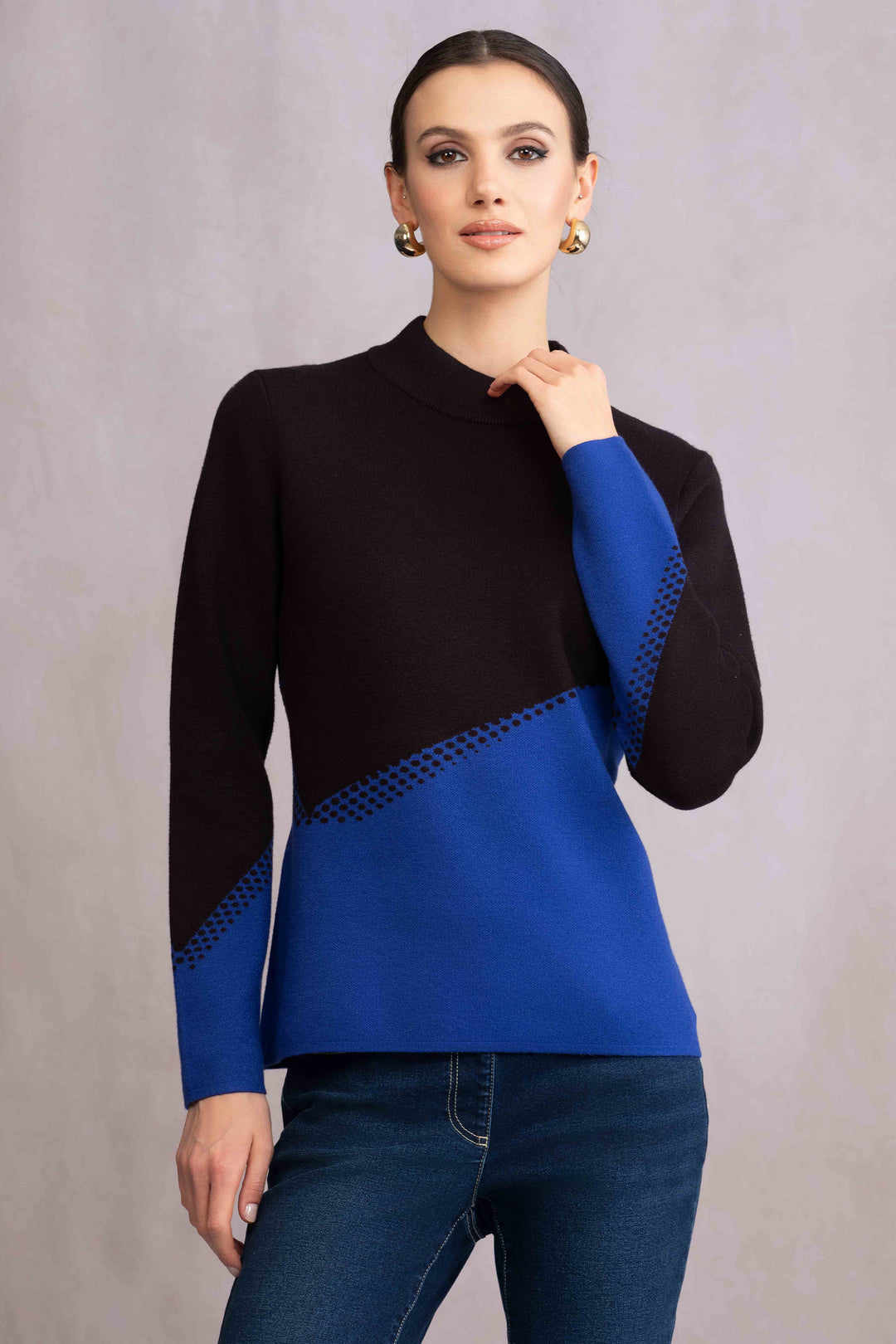 ALISON SHERI Fall 2025 
Crafted from soft, stretchy fabric, it offers a cozy fit that moves with you. The loose mock neck and neat diagonal colourblock pattern lets you express your unique look effortlessly.