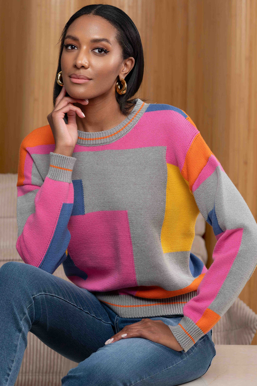 ALISON SHERI Fall 2025 Made from a soft cotton blend, it ensures all-day comfort and effortless style. Featuring a vibrant multi-colour design and a classic crew neckline, this easy-to-wear sweater brings playful energy to any casual outfit.