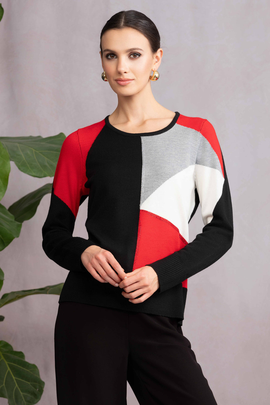 ALISON SHERI Fall 2025 
This long-sleeve sweater top combines a classic fabric blend with a stylish colourblock design, featuring a vibrant black and red front accented by subtle rhinestones for a touch of sparkle. 