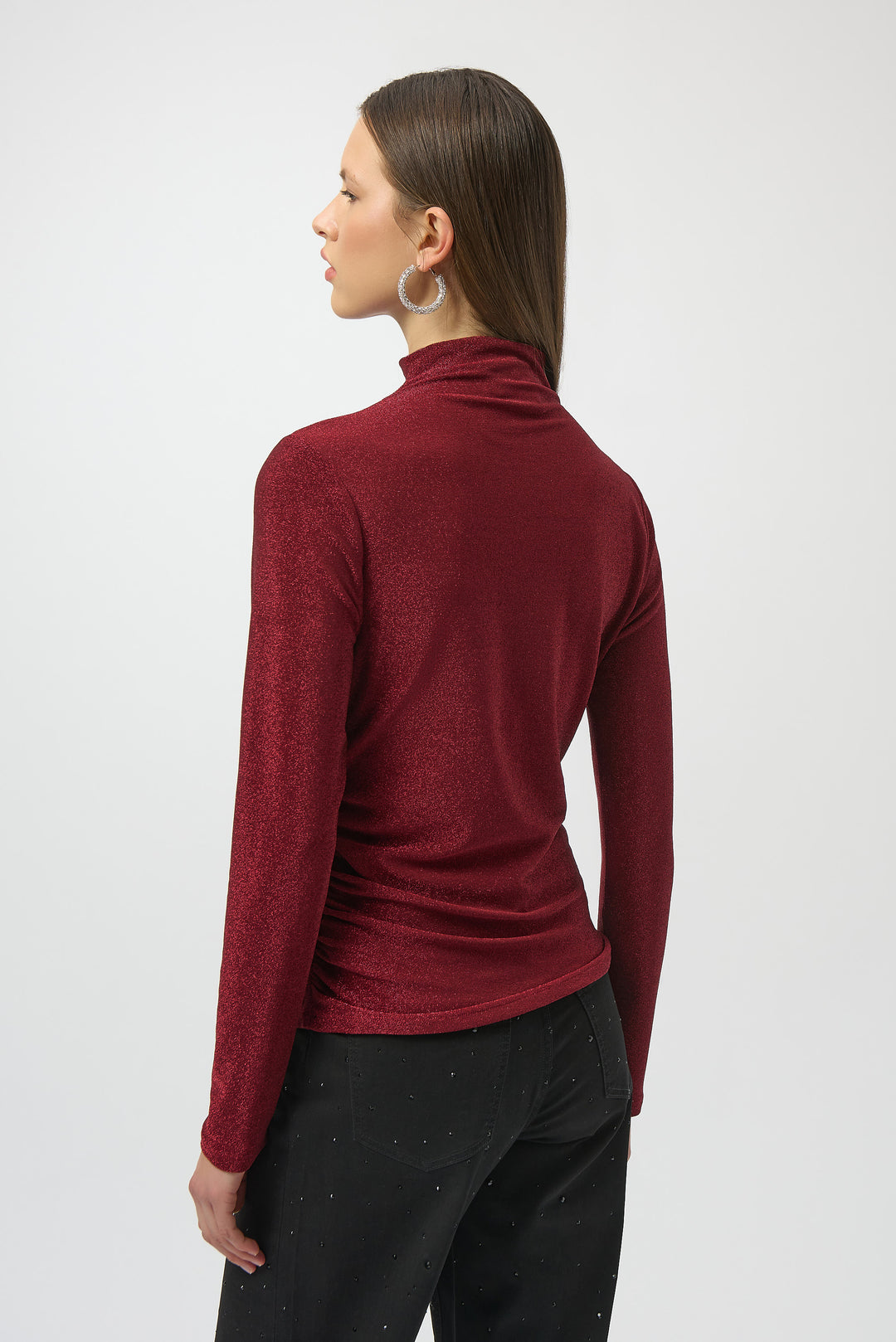 DEEP CHERRY SPARKLE KNIT ROUCHED SIDE LS TOP