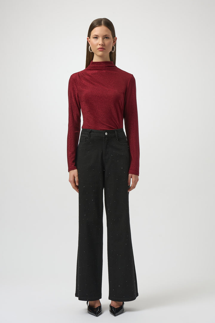 DEEP CHERRY SPARKLE KNIT ROUCHED SIDE LS TOP