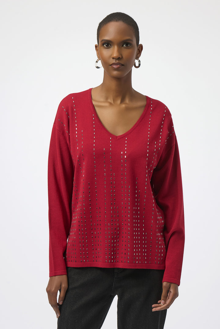 Joseph Ribkoff Fall 2025 
 The addition of bling scattered throughout the front adds a touch of elegance and can be paired with a skirt or pants for multiple outfit options for semi-casual events or work days. 