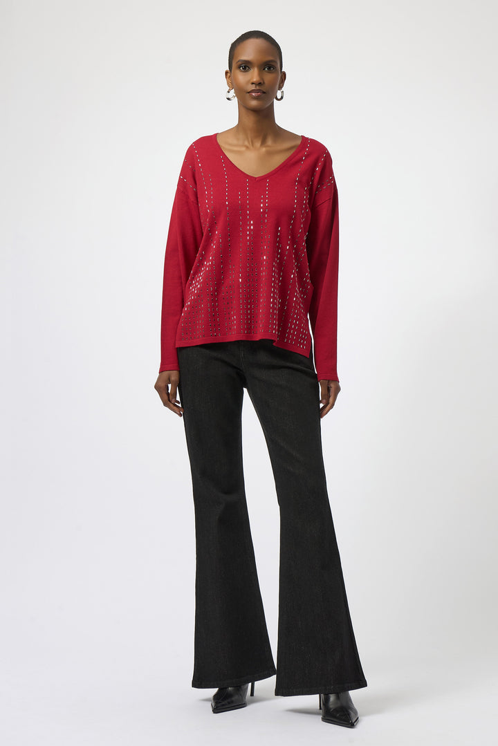 LS V-NECK TOP WITH STUD EMBELLISHMENTS