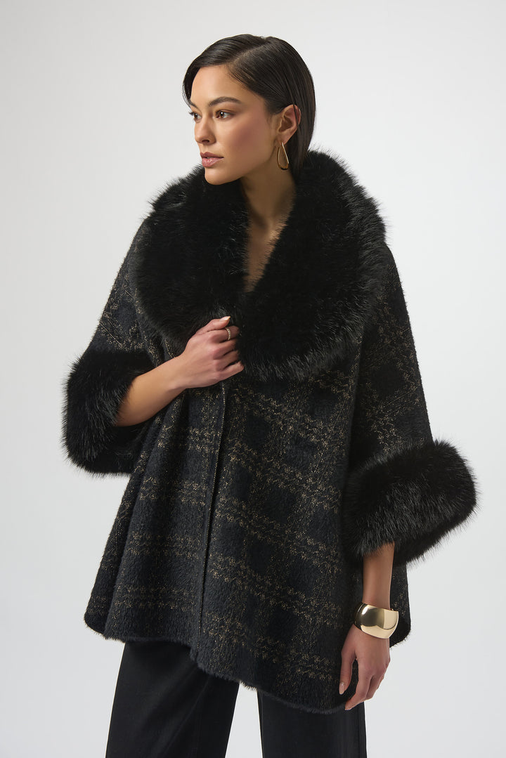 BLACK GOLD PLAID CAPE WITH FAUX FUR