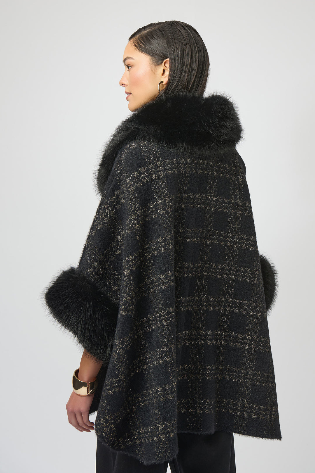 BLACK GOLD PLAID CAPE WITH FAUX FUR