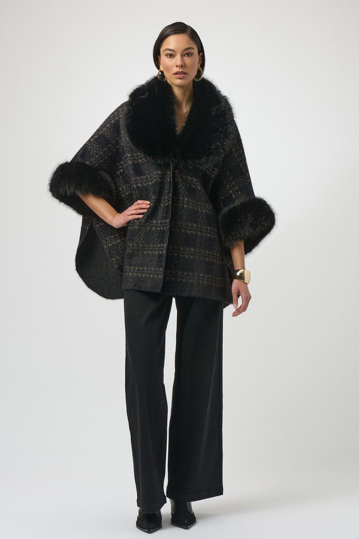 BLACK GOLD PLAID CAPE WITH FAUX FUR