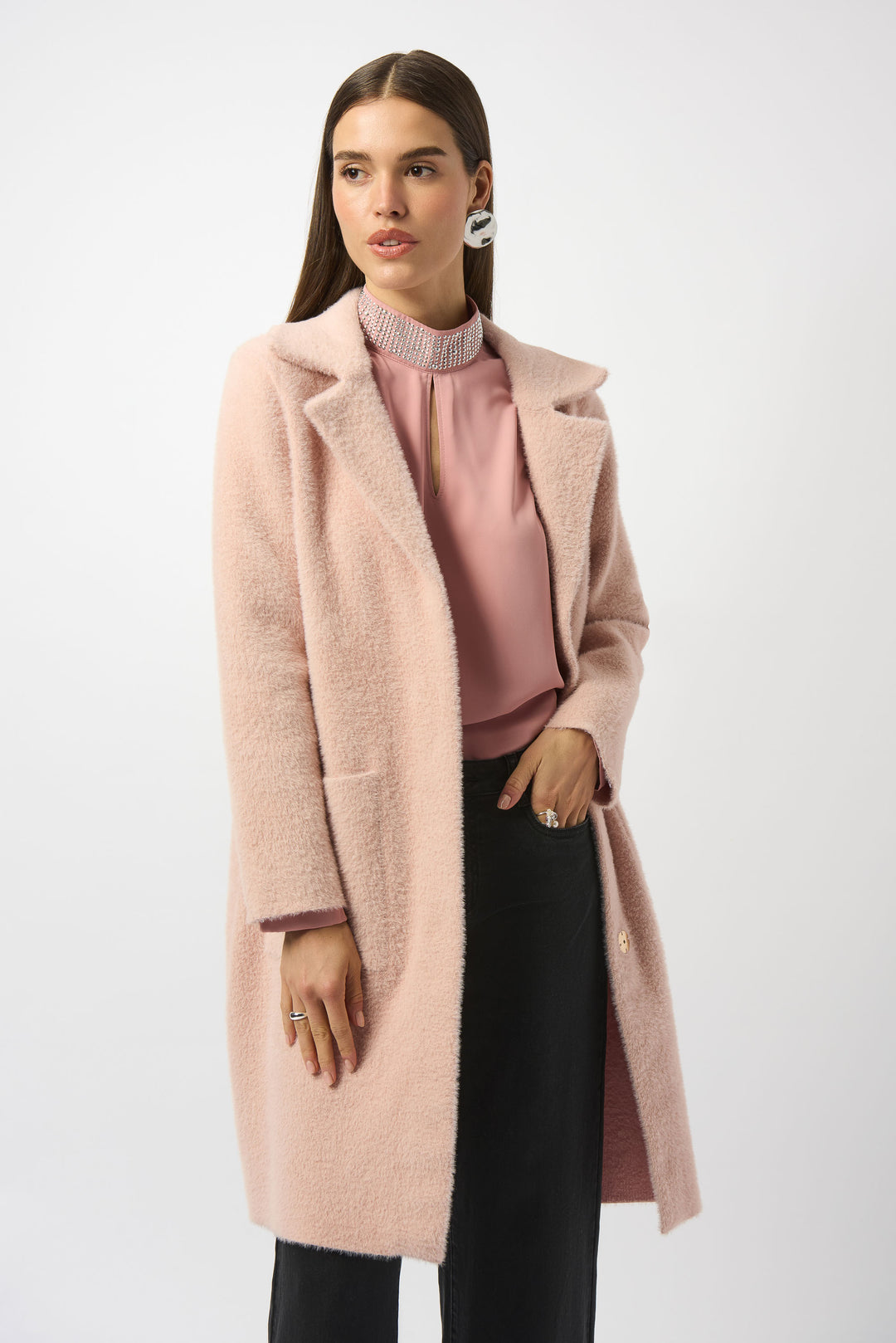 FEATHER YARN COAT WITH FAUX FUR