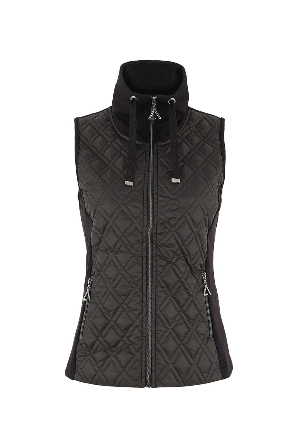 Dolcezza Fall 2025 
 This quilted matte vest comes in all black, featuring a high contrast collar with drawstring, front zipper closure, side zip pockets and with a fitted silhouette overall. 