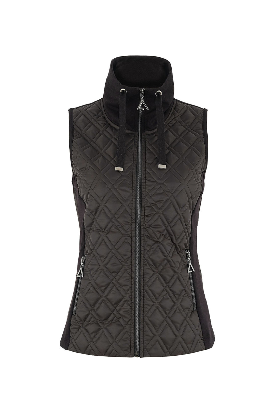 Dolcezza Fall 2025 
 This quilted matte vest comes in all black, featuring a high contrast collar with drawstring, front zipper closure, side zip pockets and with a fitted silhouette overall. 