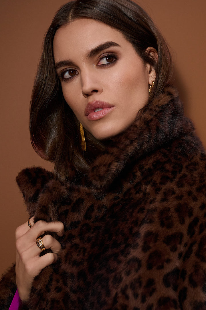 BEIGE BLACK FAUX FUR LEOPARD COAT