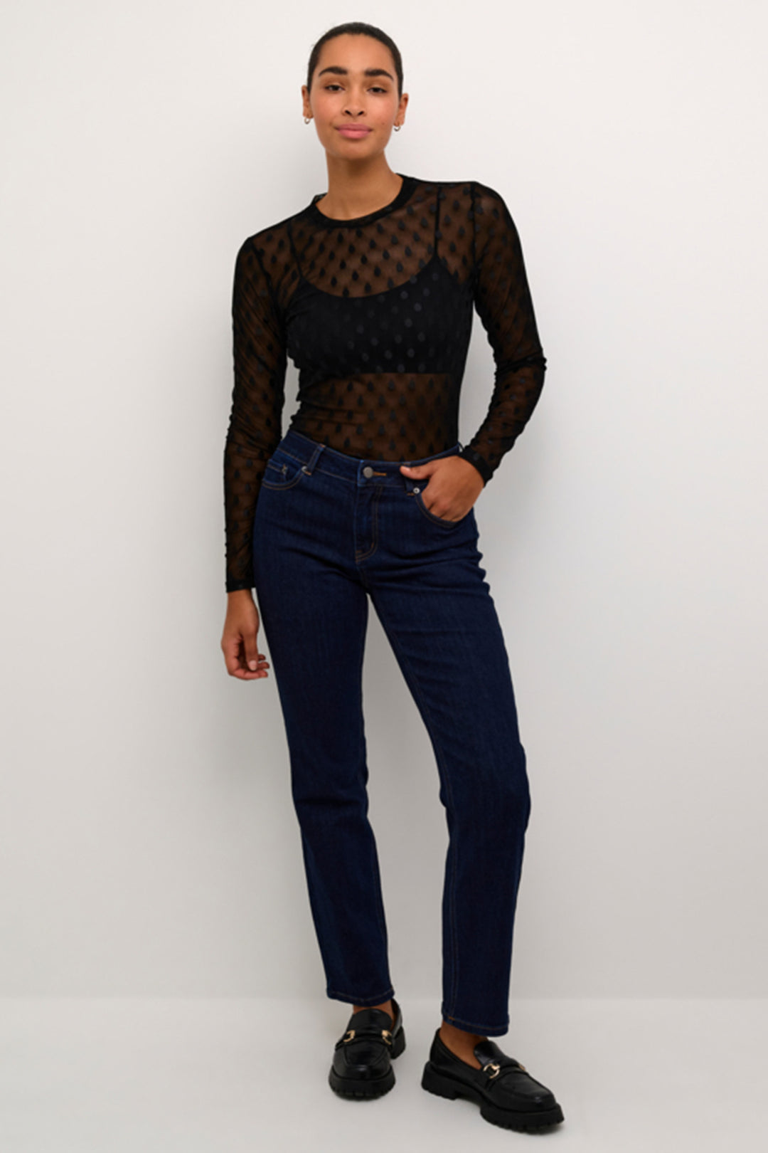 DOT MESH LS MOCK NECK TOP