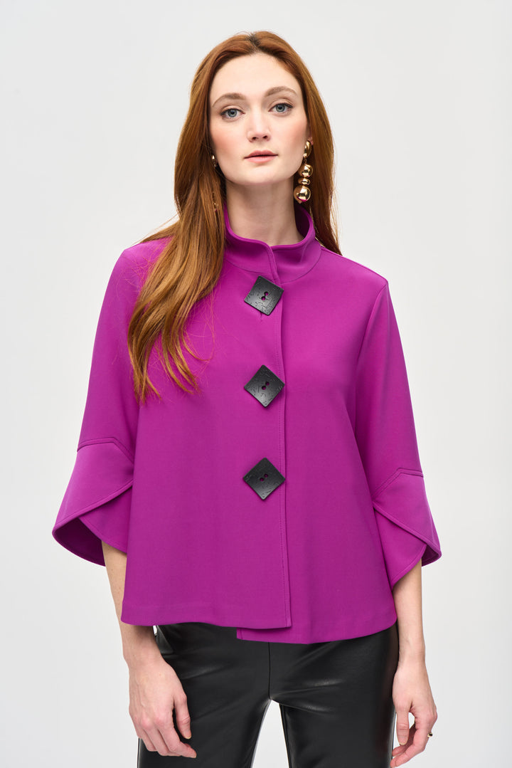 Joseph Ribkoff Fall 2024 Everything about this 70's inspired jacket spells confidence and excellence. From its beautifully cuffed three-quarter sleeves to its back panels, this original top is sure to make you feel like the quintessential modern woman.