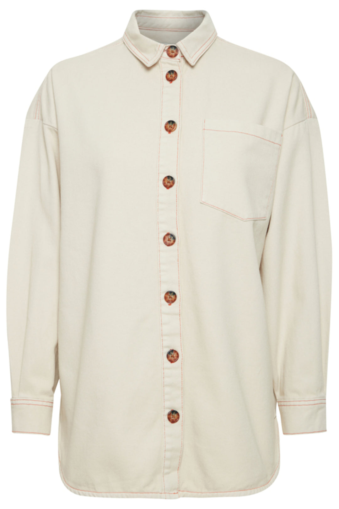 Combining the comfort of a shirt with the functionality of a jacket, it features full front bold buttons and lovely pink stitching for a unique touch. 