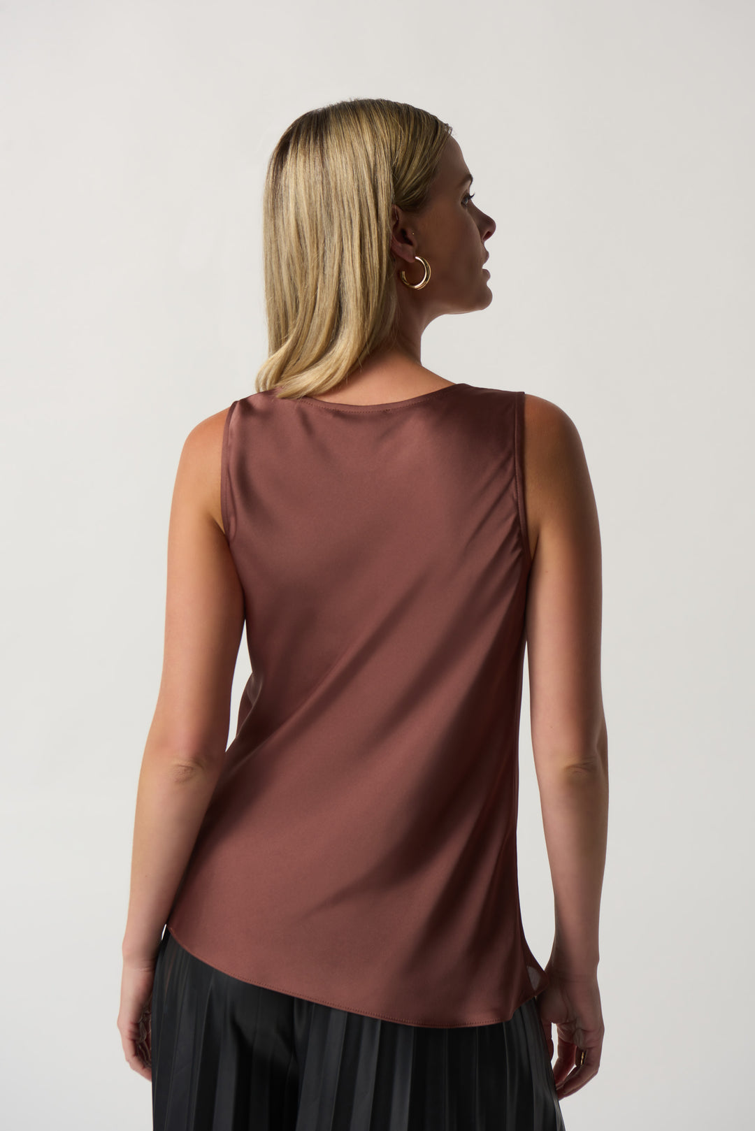 Joseph Ribkoff Fall 2023 women's business casual silk satin sleeveless tunic blouse top - toffee back