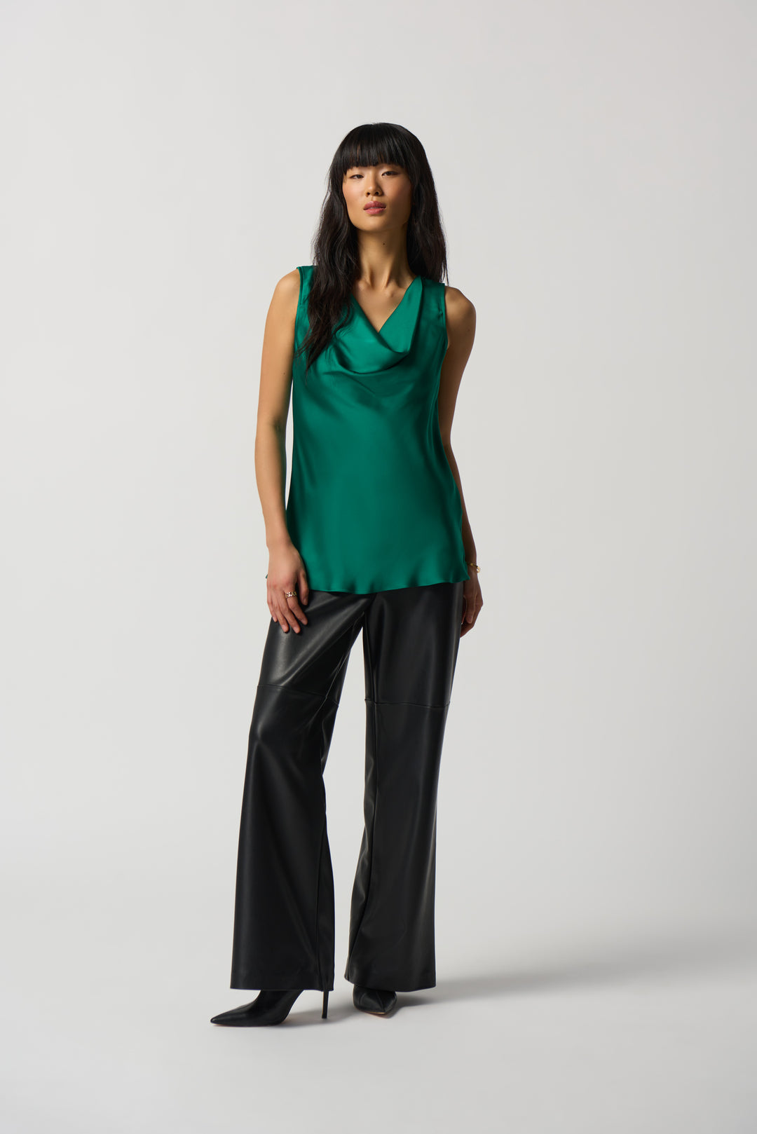 Joseph Ribkoff Fall 2023 women's business casual silk satin sleeveless tunic blouse top - kelly green full view