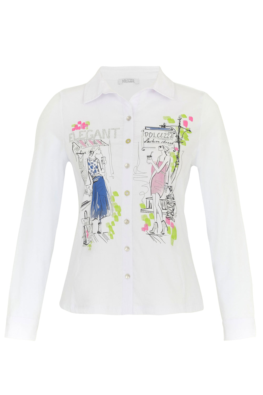 Dolcezza Spring 2024 It is made with breathable and stretchy cotton fabric for superior comfort. Featuring the lovely new abstract spring themed print, long sleeves, a classic collar and front buttons, this top combines style and function.