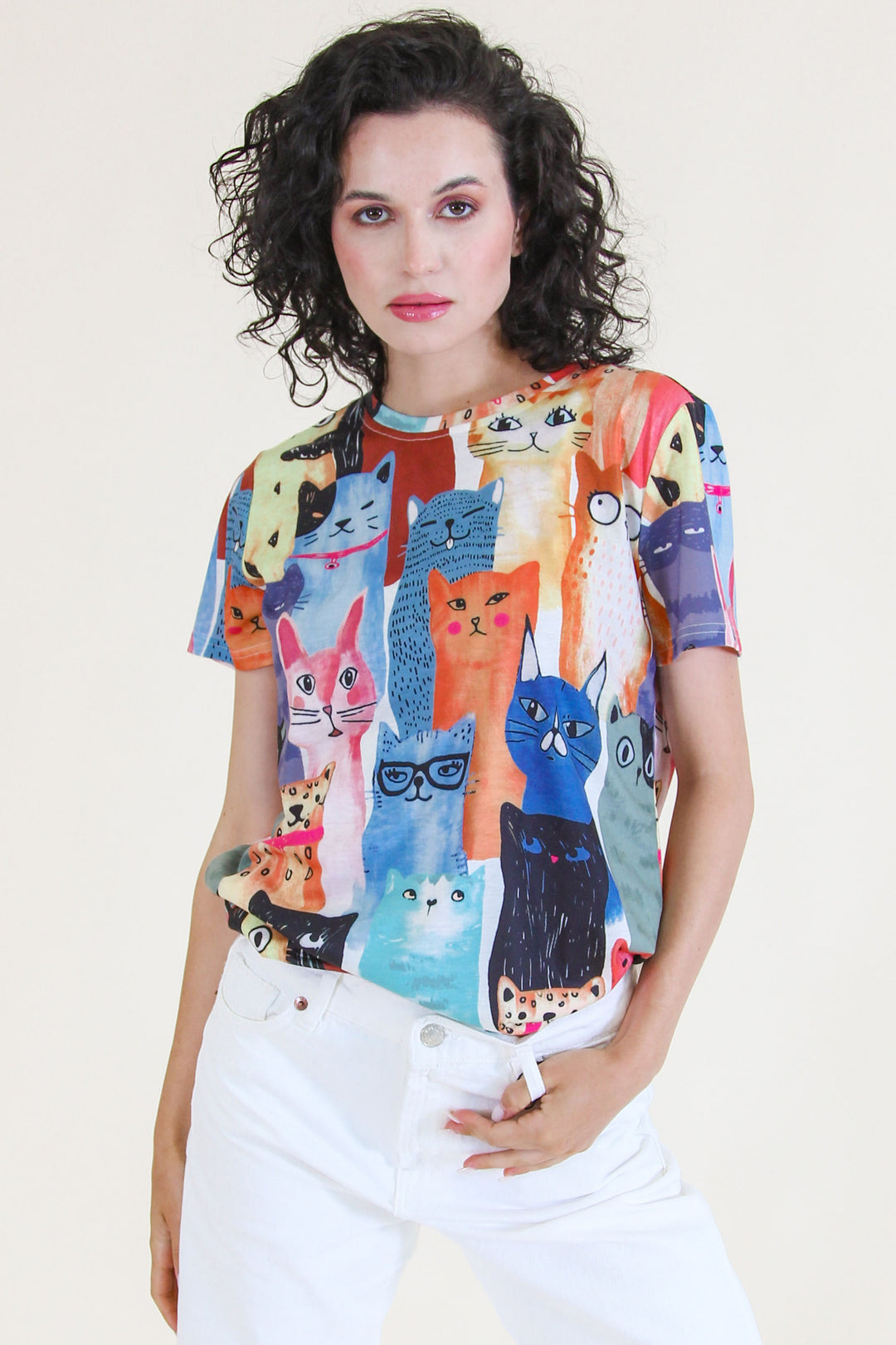 Funsport Summer 2024 Grab this meow-nificent Cat Print Tee, perfect for any feline fan (or not)! Light and classic, with vibrant short sleeves, this tee is one-of-a-kind. Hurry and get it before this purr-fect piece is gone!