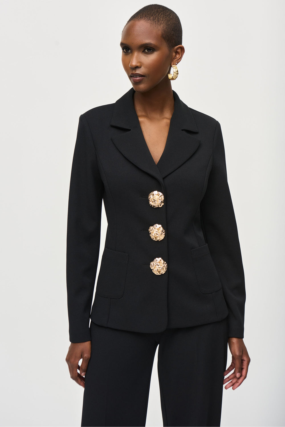 Joseph Ribkoff Fall 2024 Elevate your style with our sleek new blazer, featuring a neat notched collar and three fancy gold buttons.