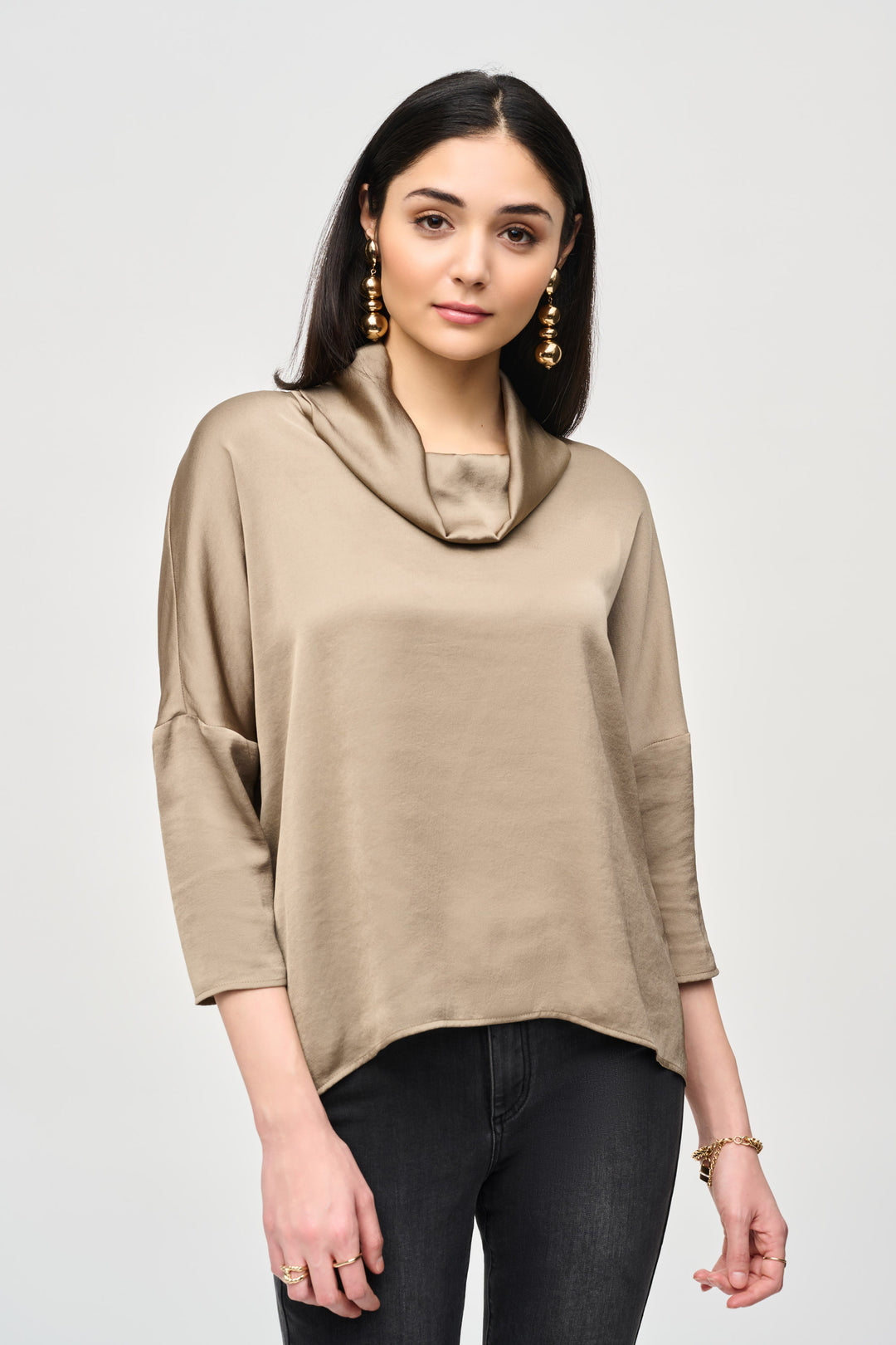 Joseph Ribkoff Fall 2024 This Satin Cowl Top from Joseph Ribkoff is the perfect choice for a sophisticated, stylish look.