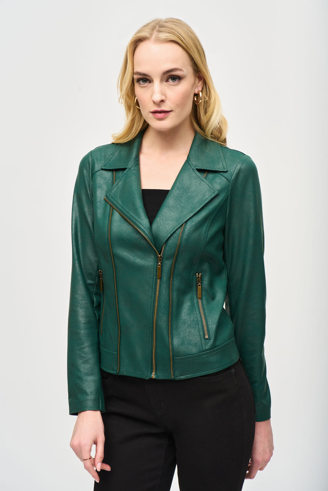 Joseph Ribkoff Fall 2024 This on-trend jacket boasts a wide lapel, faux leather fabric and edgy belt detail at the hem. Our favourite way to style this jacket is with a button-up tunic shirt, leggings and ankle boots.