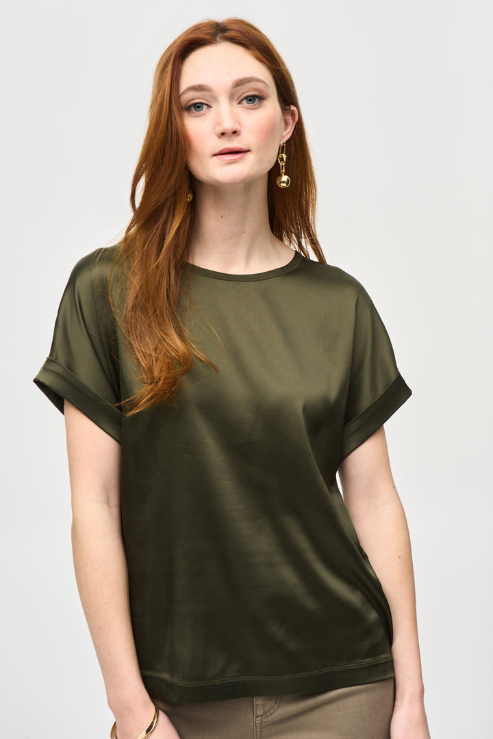 Joseph Ribkoff Fall 2024 A chic, lightweight satin blend provides an elegant feel and look to this unique, smooth blouse style top. 