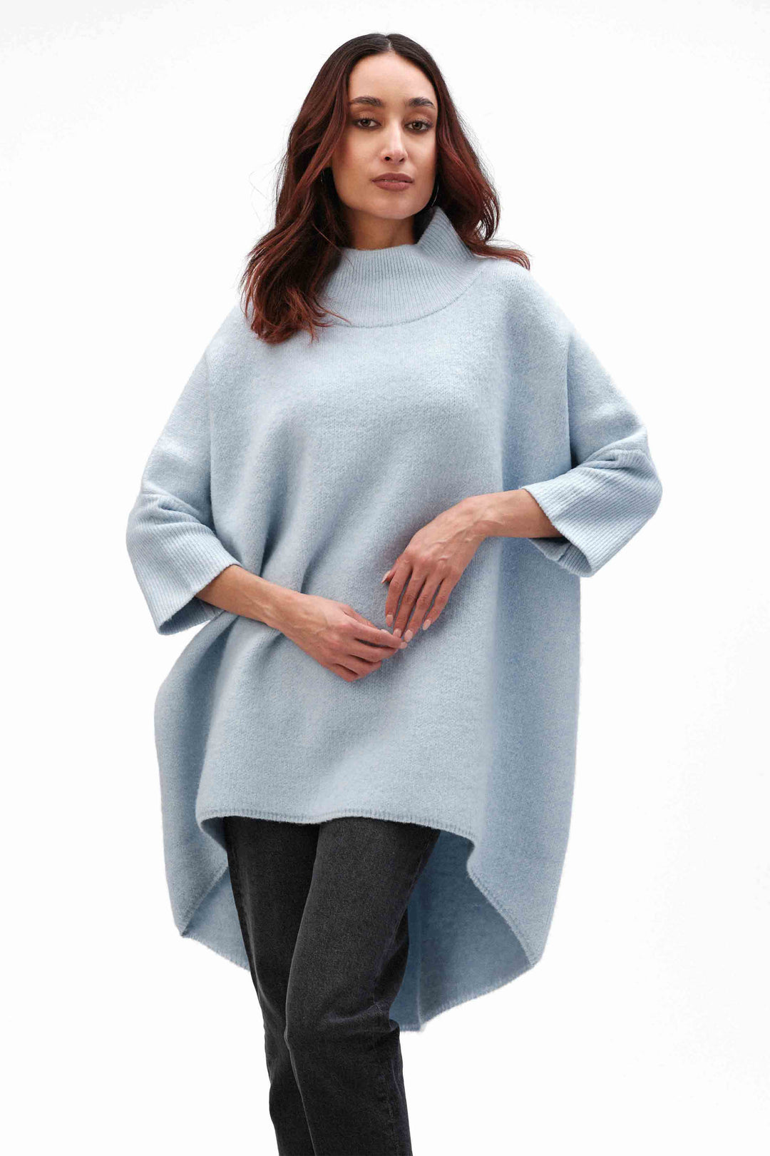 Funsport Fall 2024 This tunic length sweater top features a shawl blanket design, with the stylish mock neck or high collar.