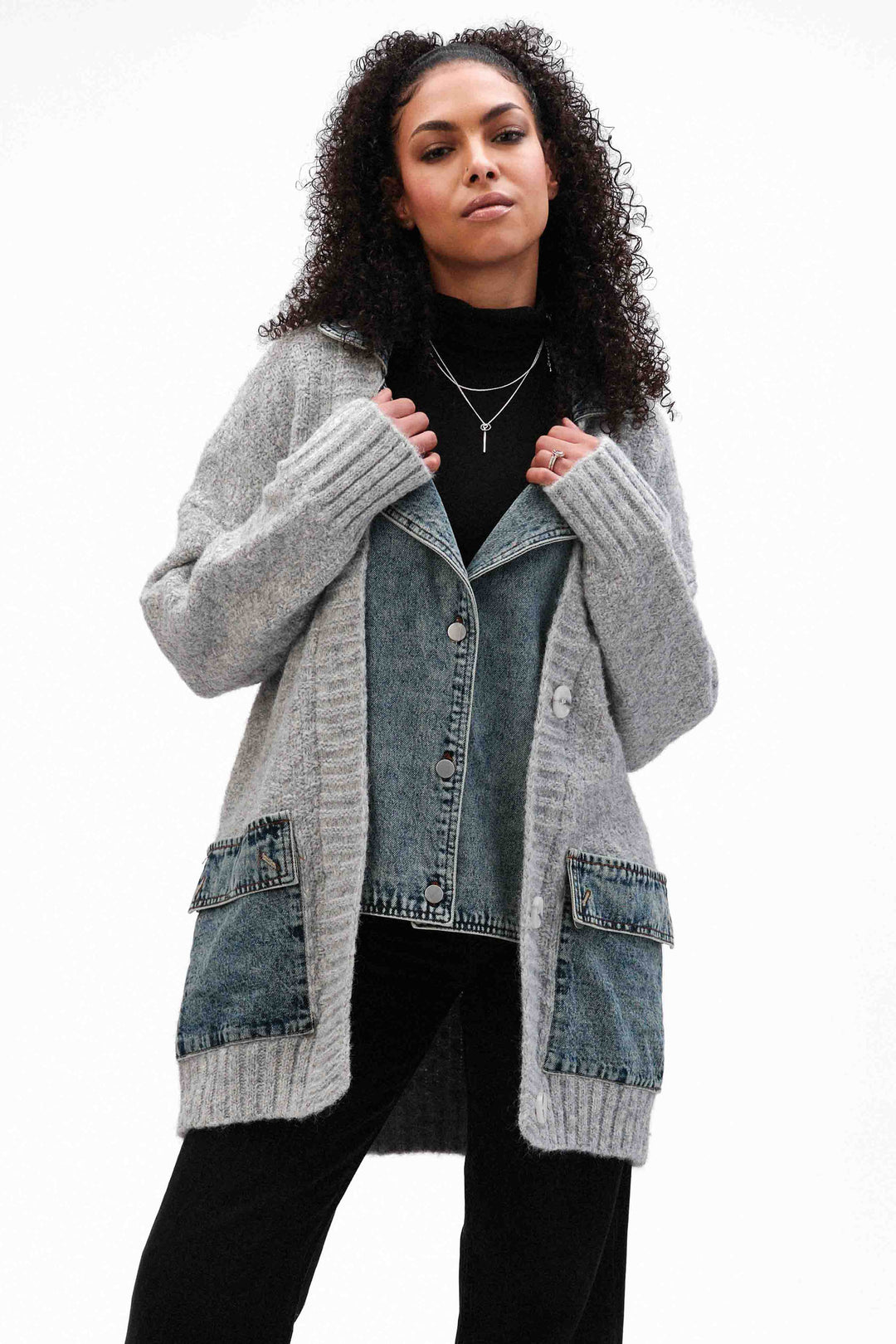 Funsport Fall 2024  Featuring a neat denim body insert with buttons, surrounded by a knit outer cardigan for a unique and stylish contrast. 