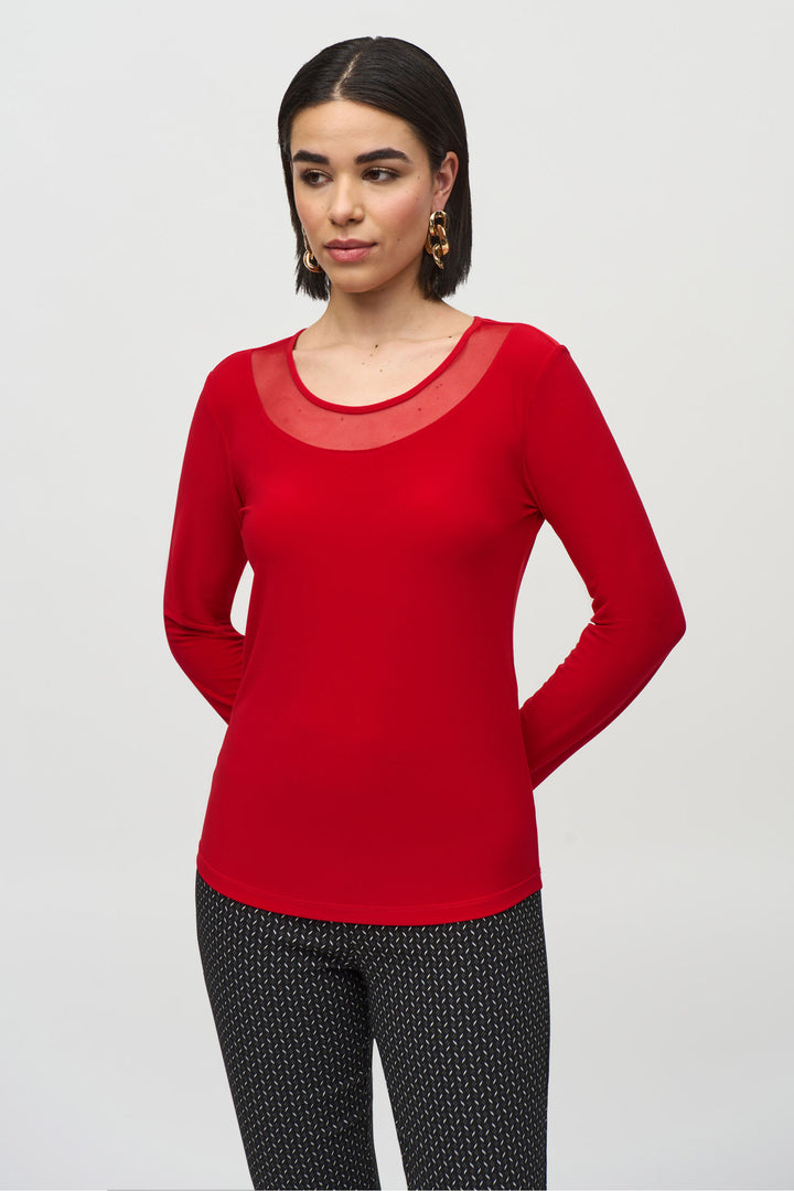 Joseph Ribkoff Fall 2024 The key to this top is the mesh design neckline, adding a stylish touch to your outfit. Layer it under a blazer for a chic look! Wear it on its own with some dress pants, many options to choose!&nbsp;