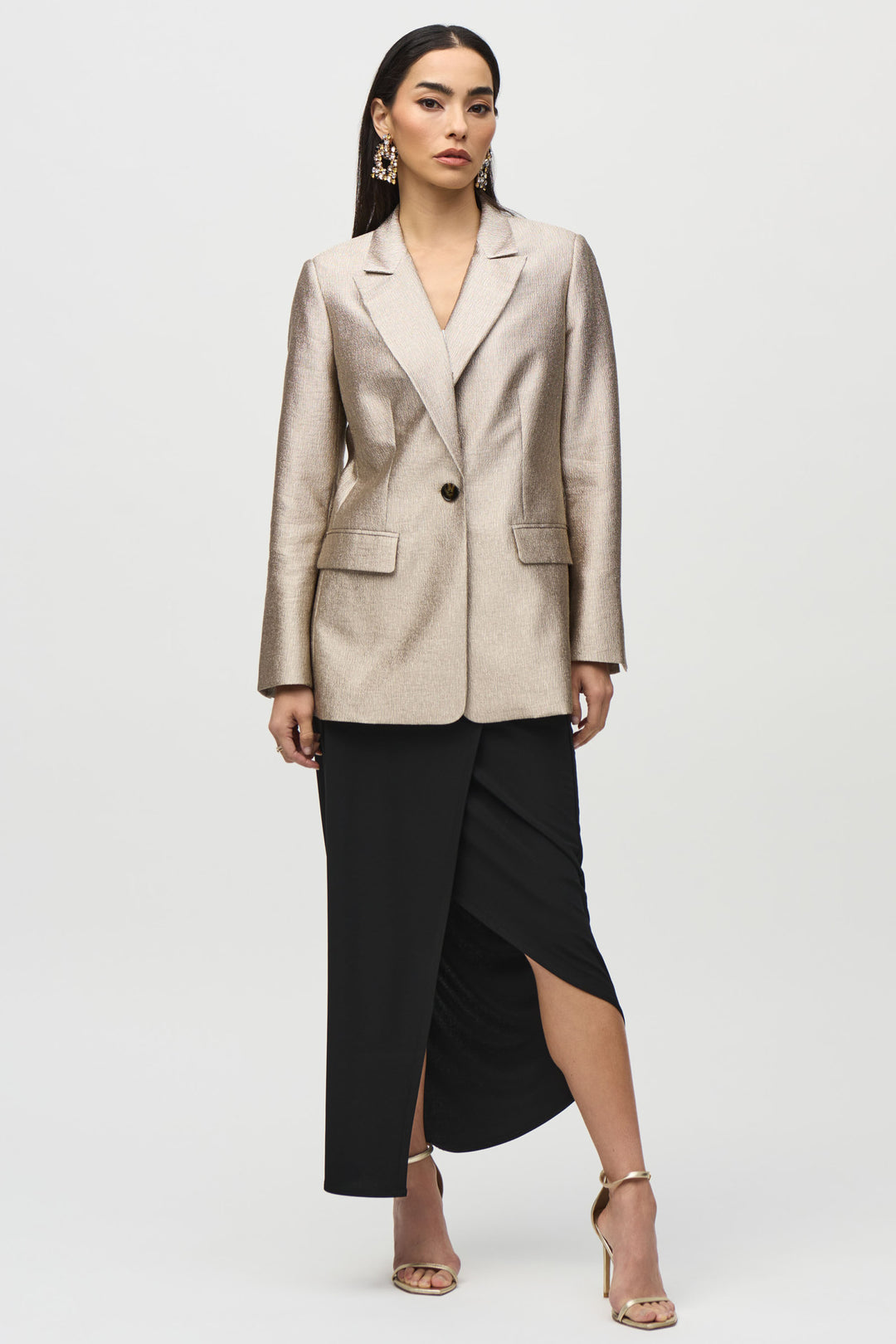 Joseph Ribkoff Fall 2024  Featuring stylish side cut slits that create a unique wrap around look, this high-waisted, full length skirt allows you to showcase your individual style. 