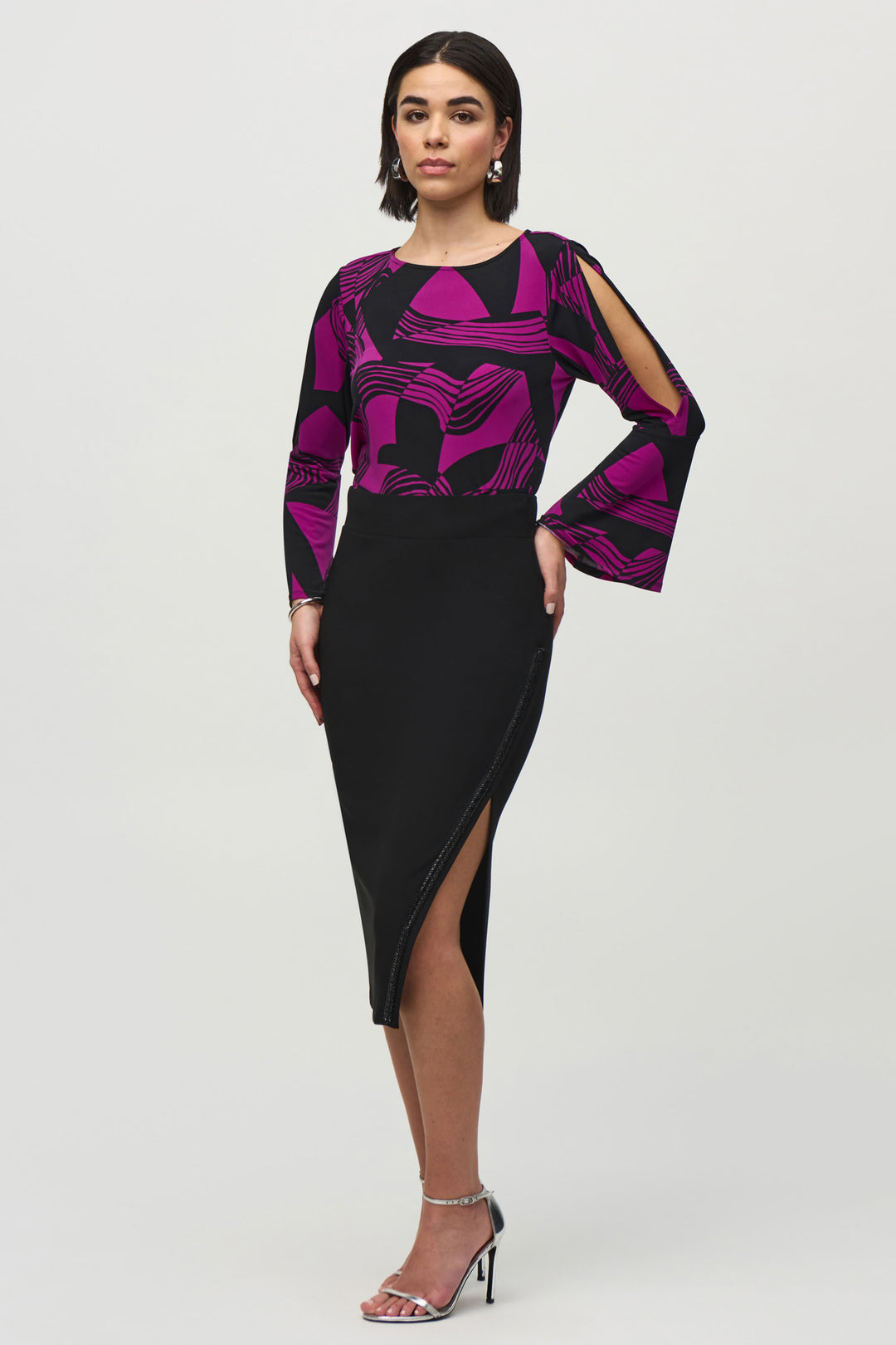 Joseph Ribkoff Fall 2024 The sassy and classy design paired with a flattering pencil silhouette will make you stand out in any crowd. The beaded trim adds a touch of glamour to be sure!