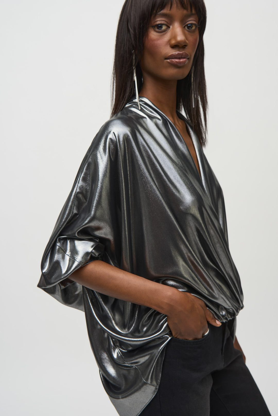 METALLIC FOILED CHIFFON WRAP TOP