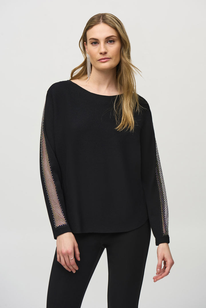 Joseph Ribkoff Fall 2024 Made with delicate mesh fabric, this sweater top boasts a modern yet classic design with a crew neck.