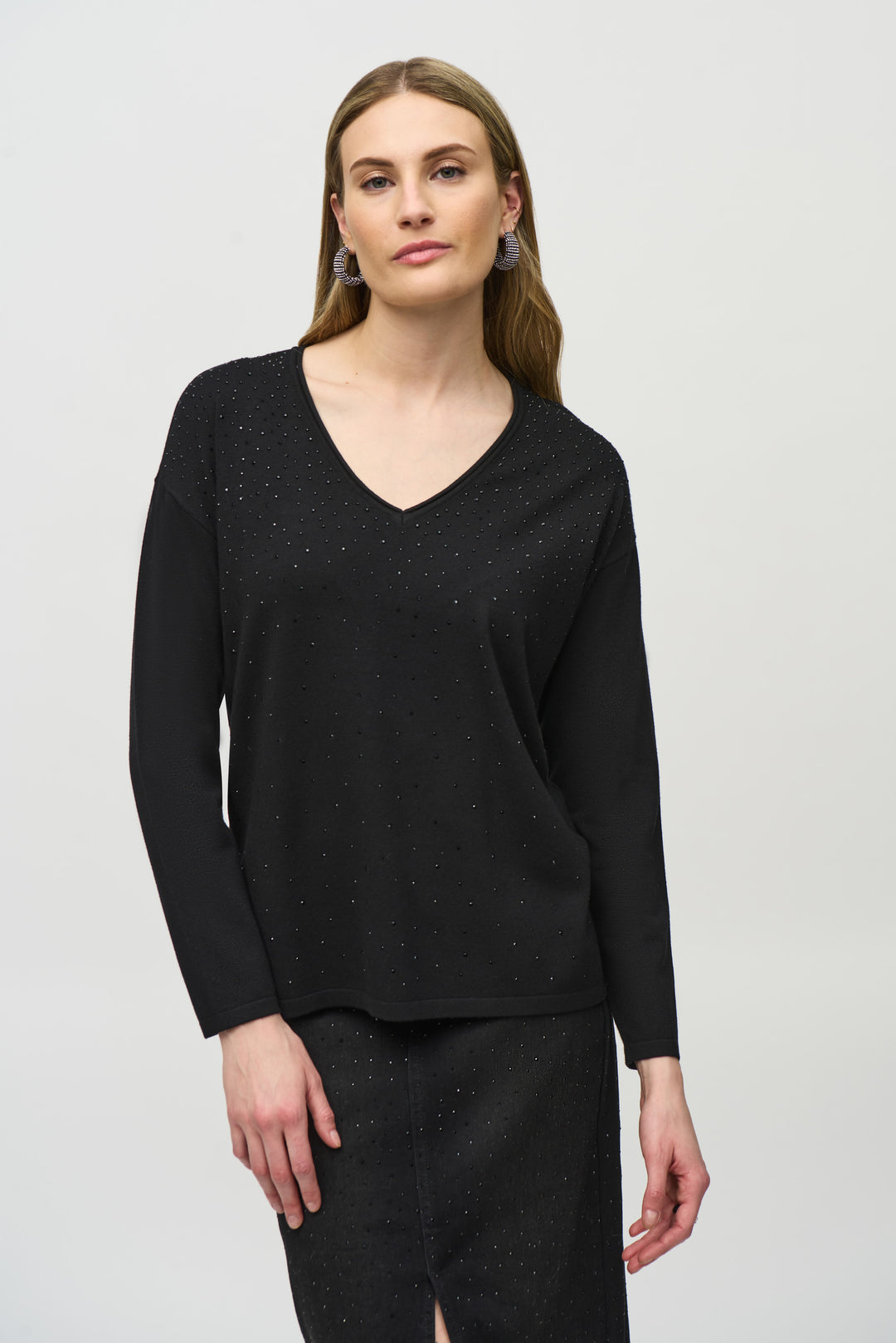 LS V-NECK TOP WITH BLING FRONT