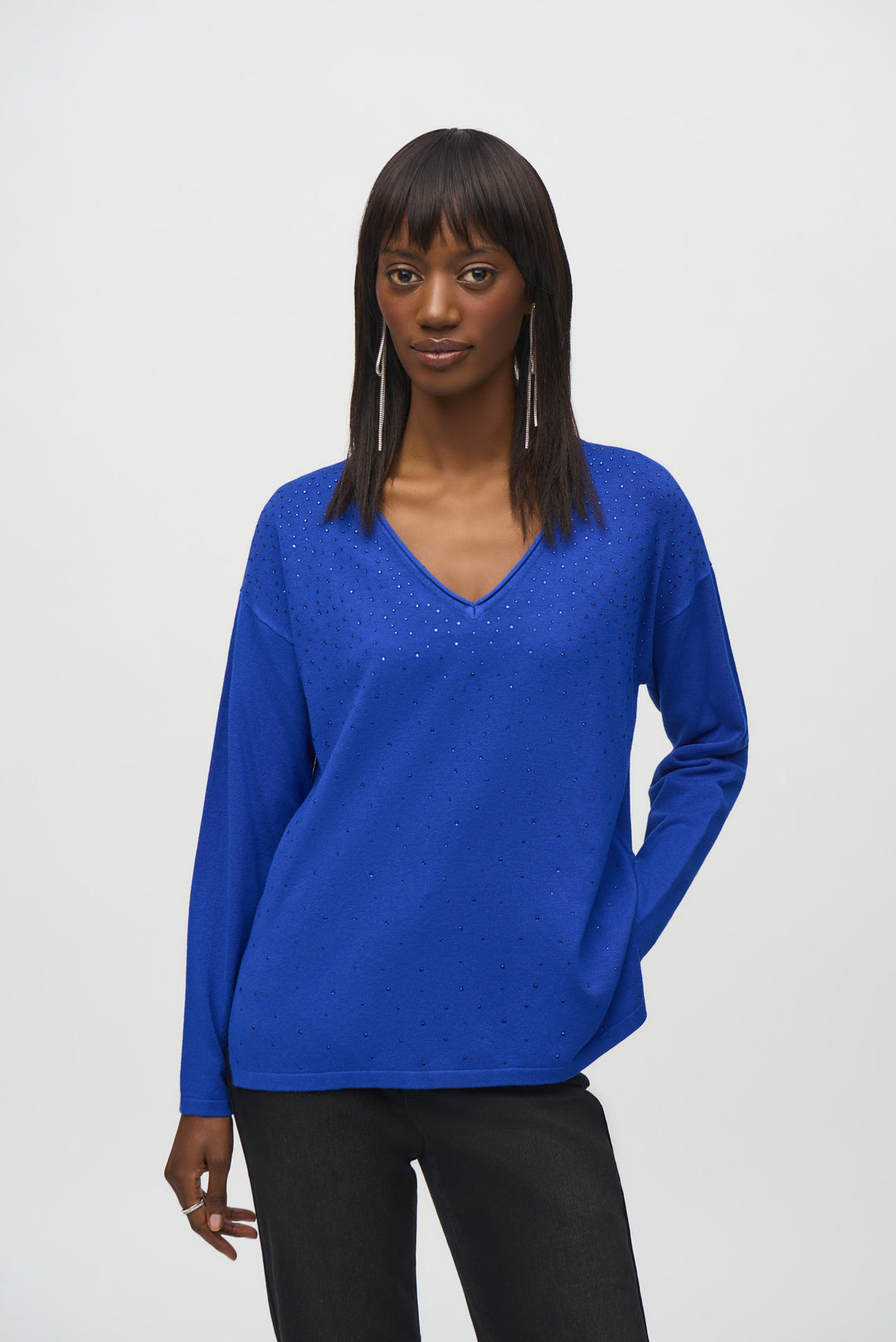 Joseph Ribkoff Fall 2024 As a versatile addition to any wardrobe, this Long Sleeve V-Neck Top offers a cute and stylish look! 