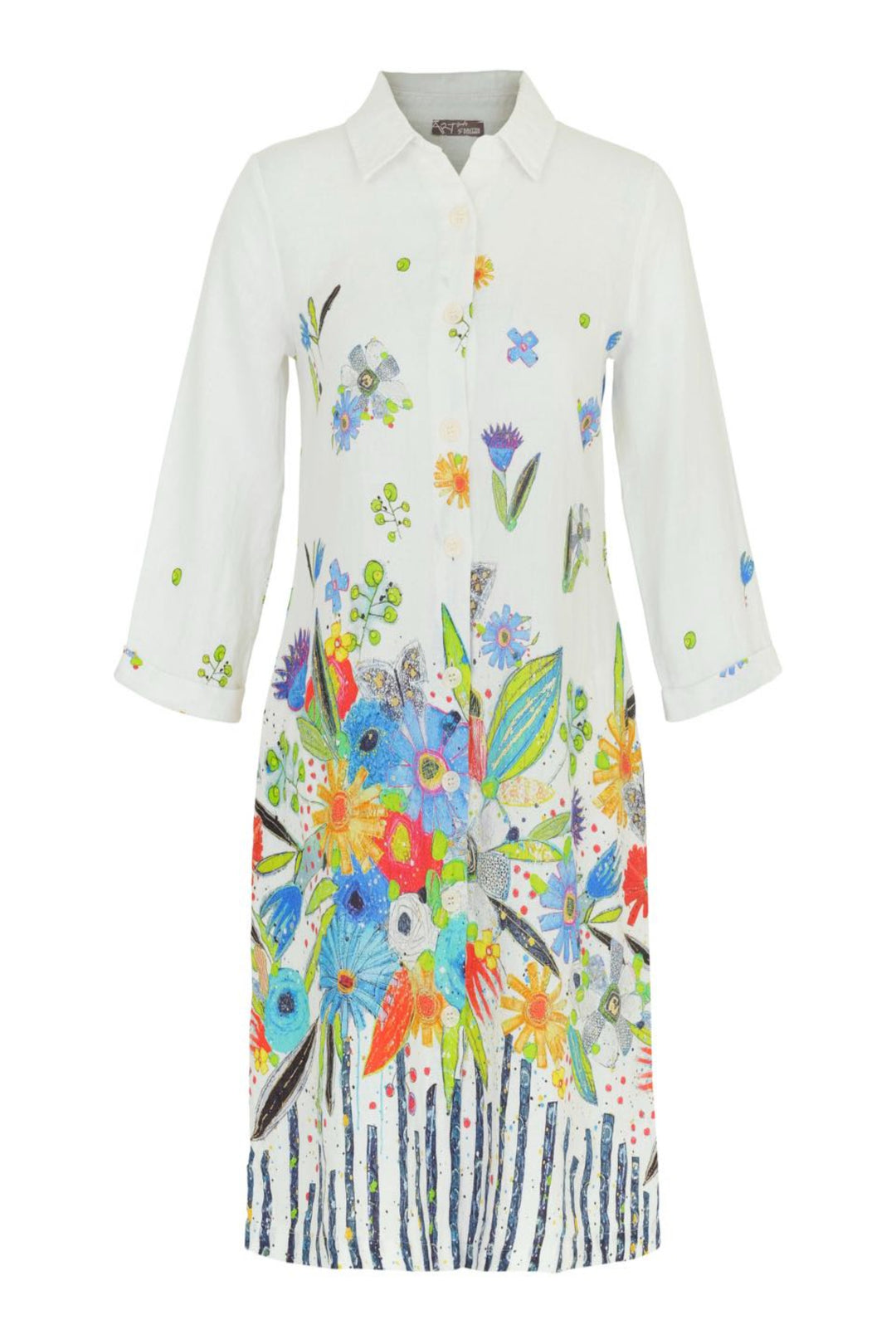 Dolcezza Spring 2024 This wonderful duster dress will add a touch of spring and Easter to your wardrobe! Made of light linen, featuring a classic collar, relaxed fit and shirt-style dress with 3/4 length sleeves- perfect for any spring and summer day!
