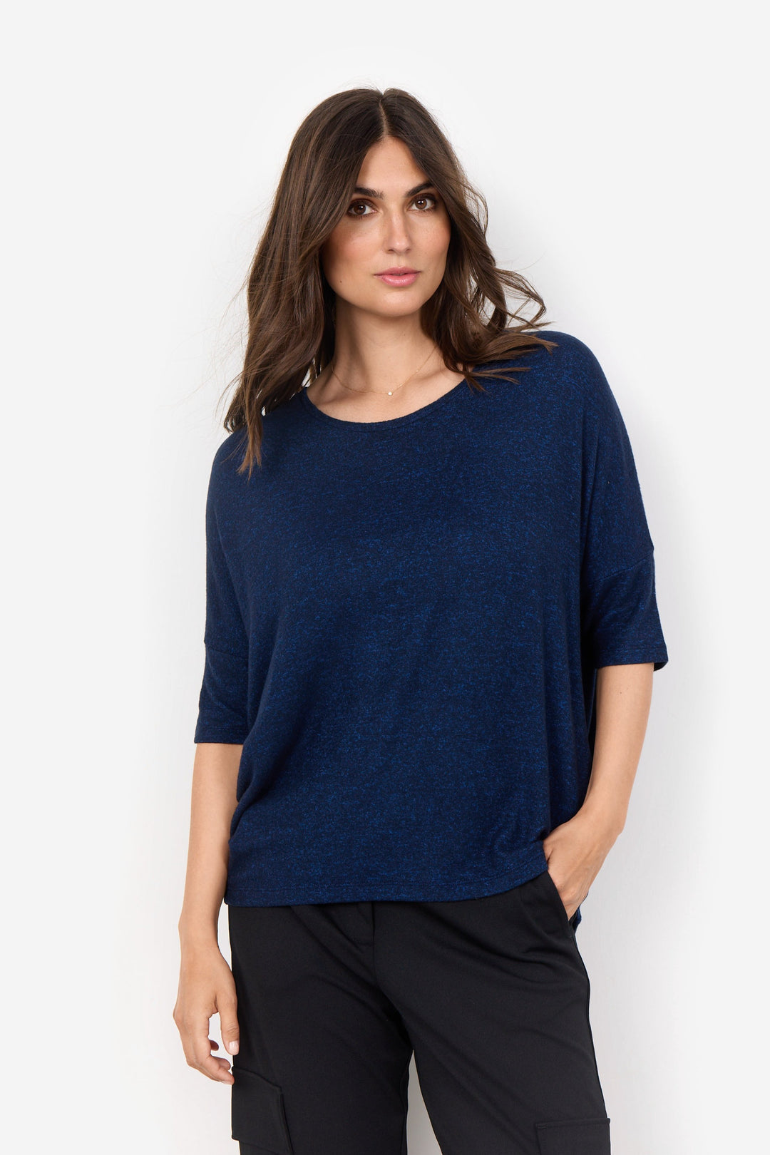 Soya Concept Fall 2024 Its 3/4 length dolman sleeves and round neckline provide a light and relaxed fit to be styled with anything from capris to sweatpants.