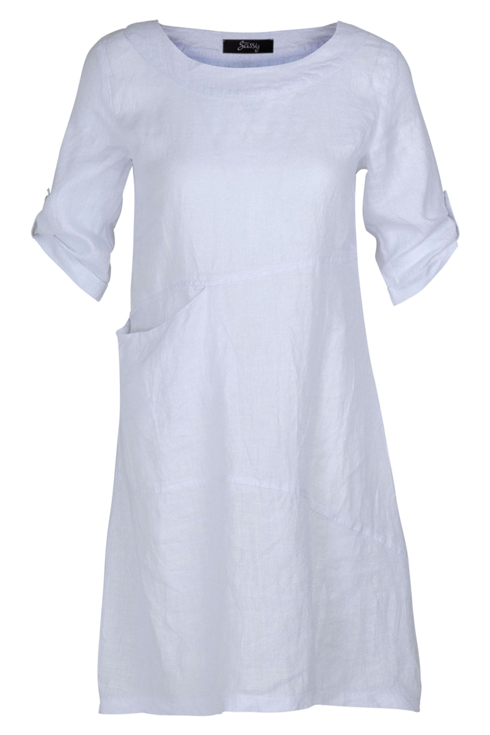 EverSassy Spring 2023 women's casual linen shift t-shirt dress with pocket - white front