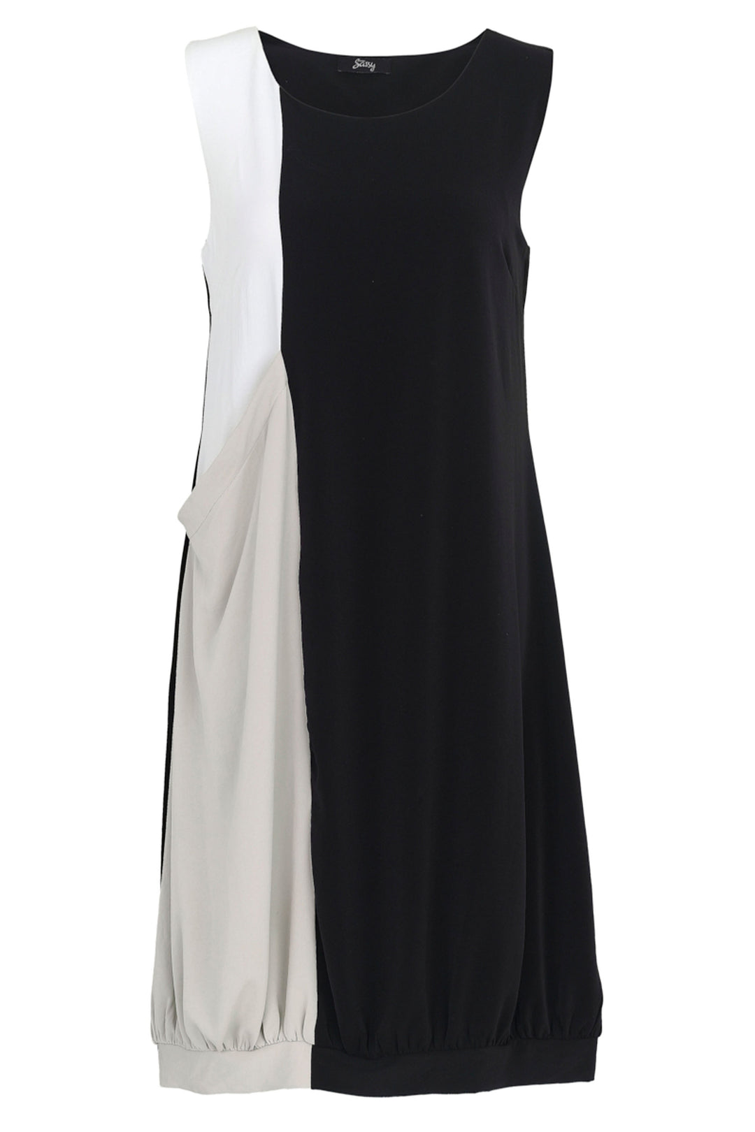 Ever Sassy Spring 2024 crafted from stretchy fabric with a classic roundneck, gathered hemline and a touch of white for some variety, this sleeveless dress is perfect for any summer occasion.