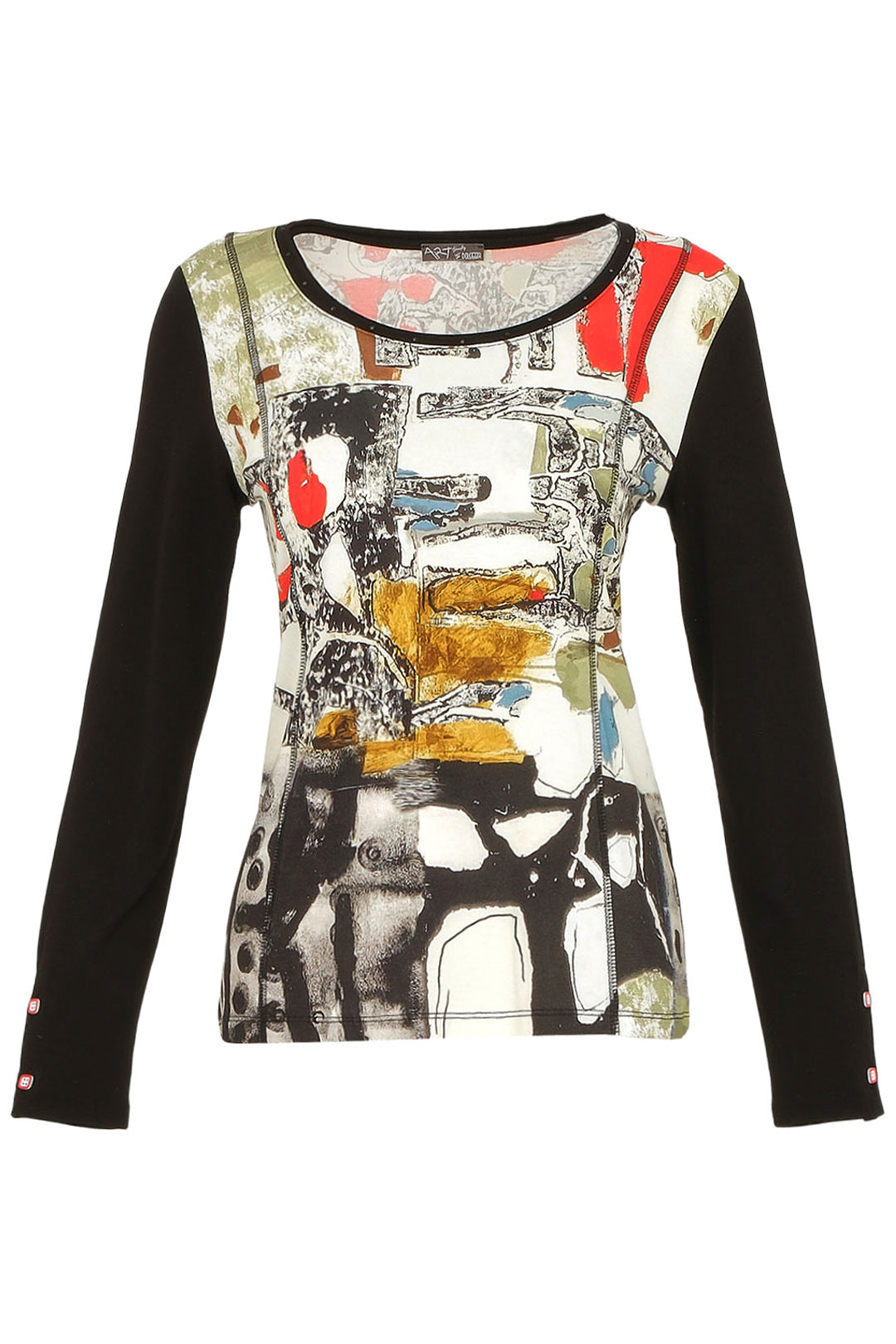 Dolcezza Fall 2024 This unique top features Canadian artist Jean Francois Provost's eye-catching artwork, displayed on both the front and back. With the cute button details and bold contrast long sleeves, you’ll be turning heads everywhere you go.