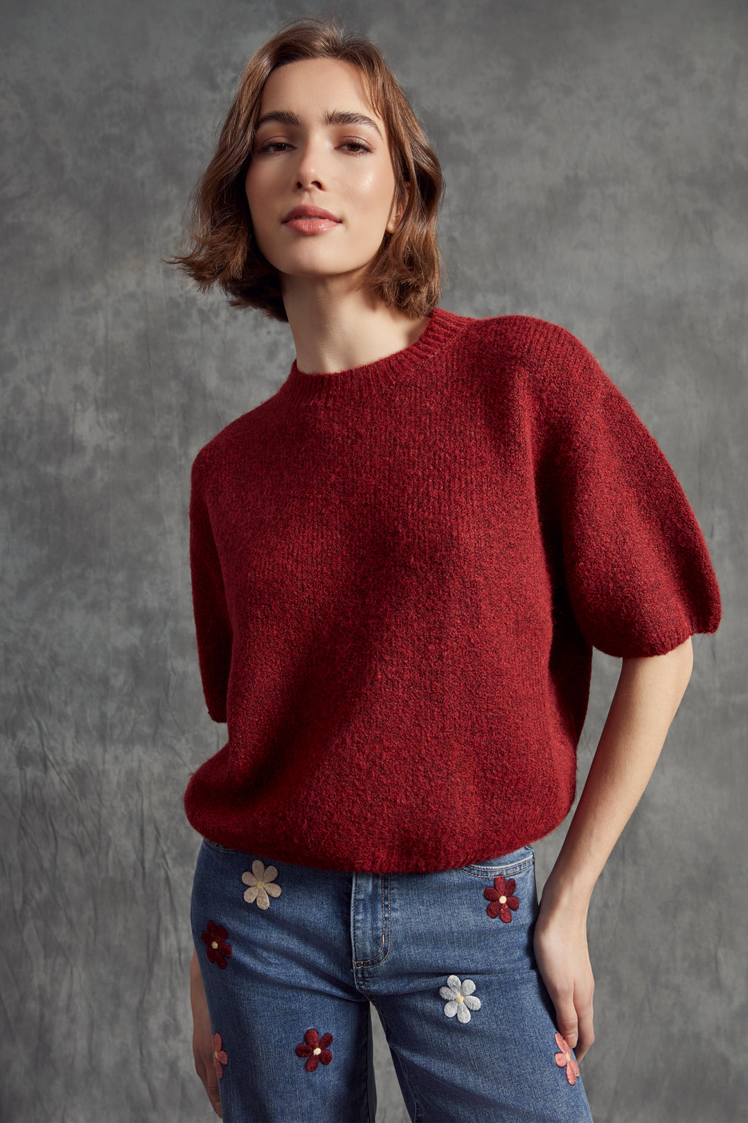 Charlie B Fall 2025 
Its fuzzy texture and light sweater fabric provide cozy comfort, while the elbow-length sleeves and balloon shape create a flattering, flowy silhouette. Designed for a loose, airy fit, this top is perfect for layering or wearing on its own.