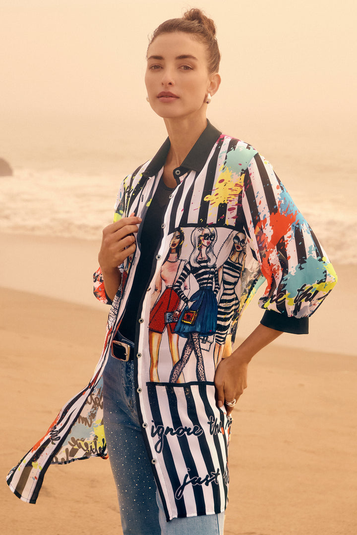 FRANK LYMAN Spring 2025 The 3/4 length straight sleeves and front buttons keep you comfortable and stylish. Made with a light, loose woven fabric, this blouse features bold black stripes contrasted with a fun fashionistas print!