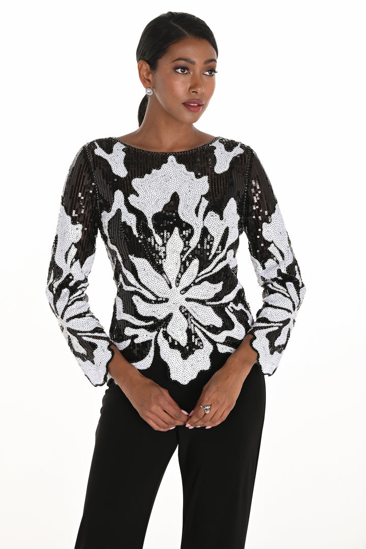 BLACK WHITE SEQUIN FLORAL TOP