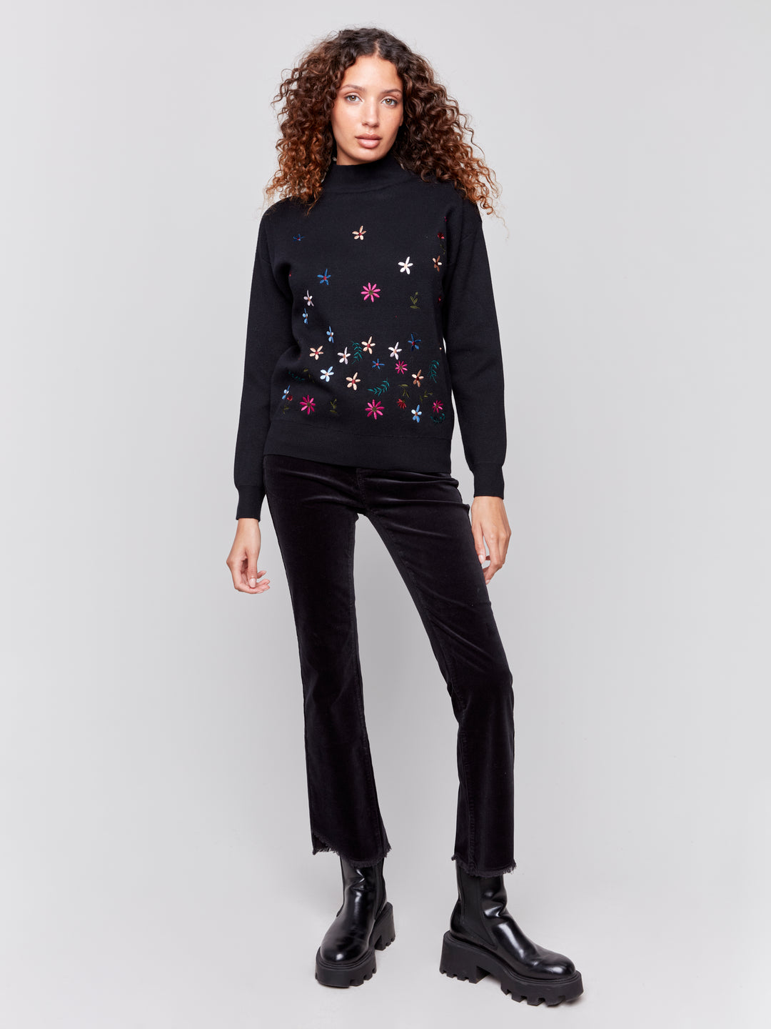 LS MOCK WITH EMBROIDERED FLOWERS