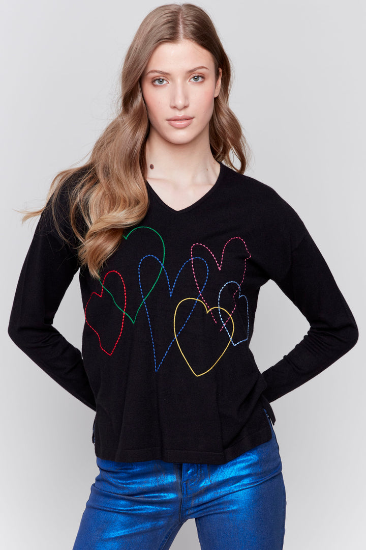 EMBROIDERED HEARTS LS V-NECK