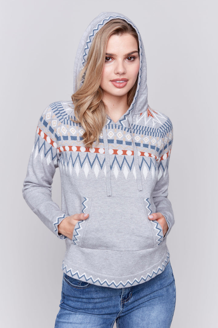 Charlie B Fall 2024 It features a drawstring hood with pattern design, long pattern cuffed sleeves, nordic print pattern and plushy knit fabric.