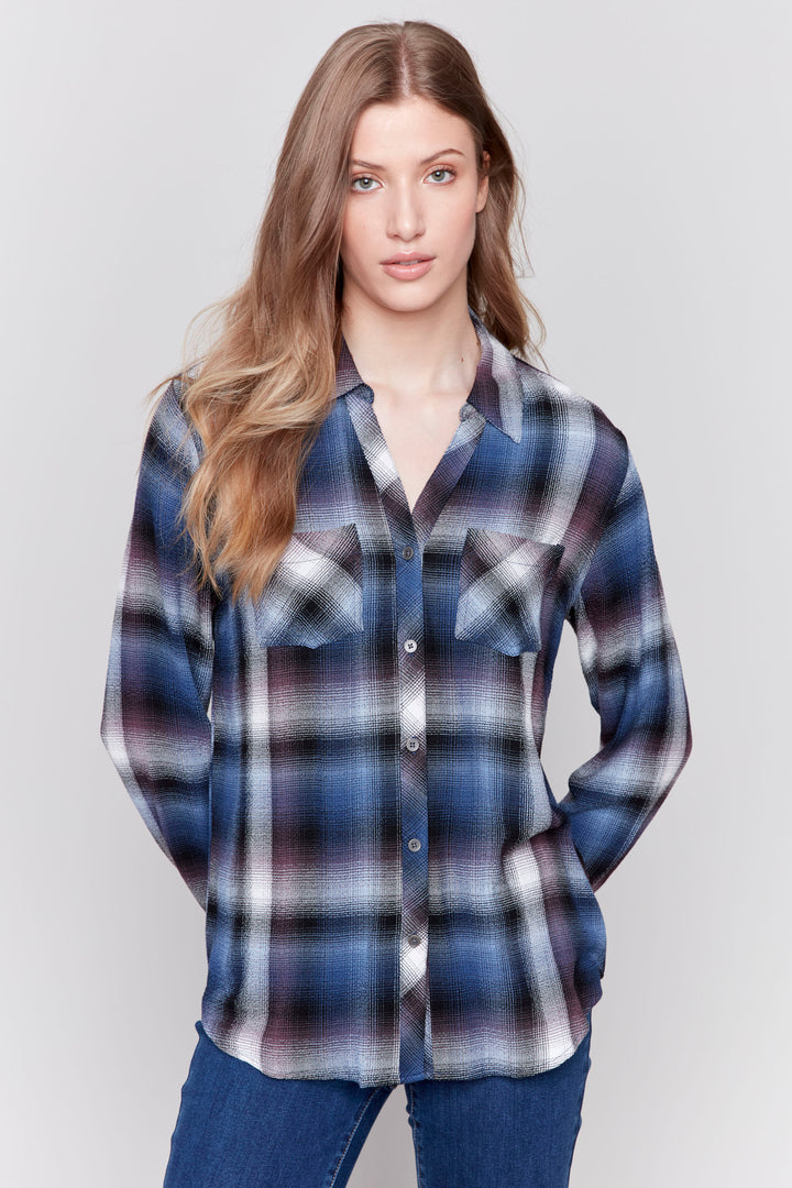 Charlie B Fall 2024 It features a soft, button-down design, two placket chest pockets and cozy fabric so you can look good and feel great all day this fall.