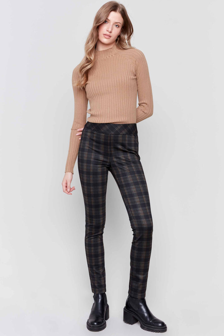 Charlie B Fall 2024  These fun slim pants by Charlie B feature a pull-on waist, slim leg, mid-rise and are reversible! One side features a grey check pattern that is a great neutral that can be styled with a large variety of prints and colours. 